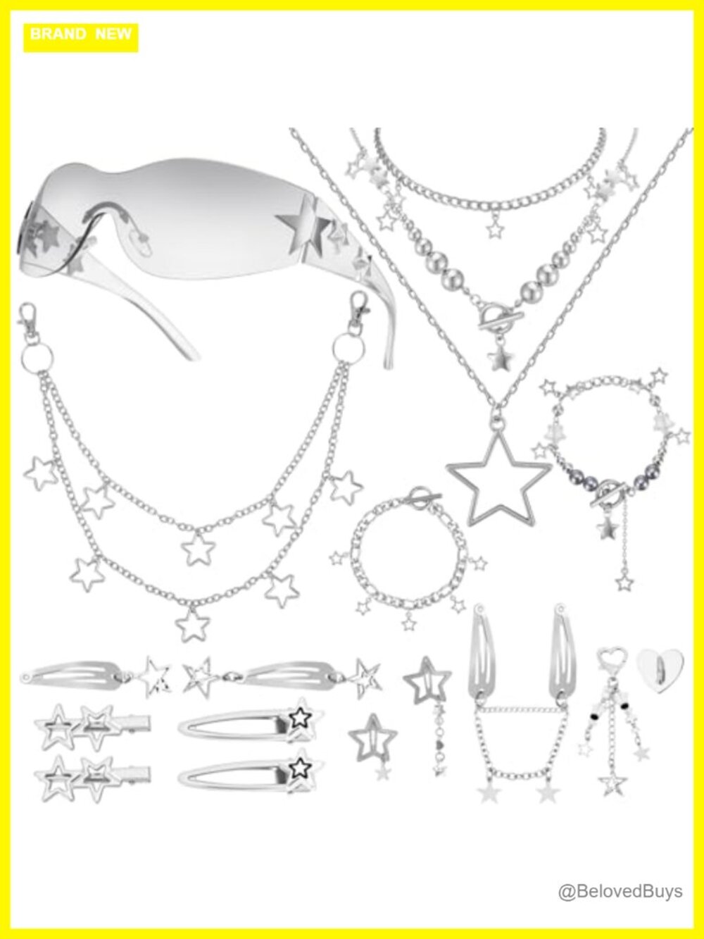 Y2K Silver Alloy Jewelry Set Star Necklace Bracelet Sunglasses Keychain